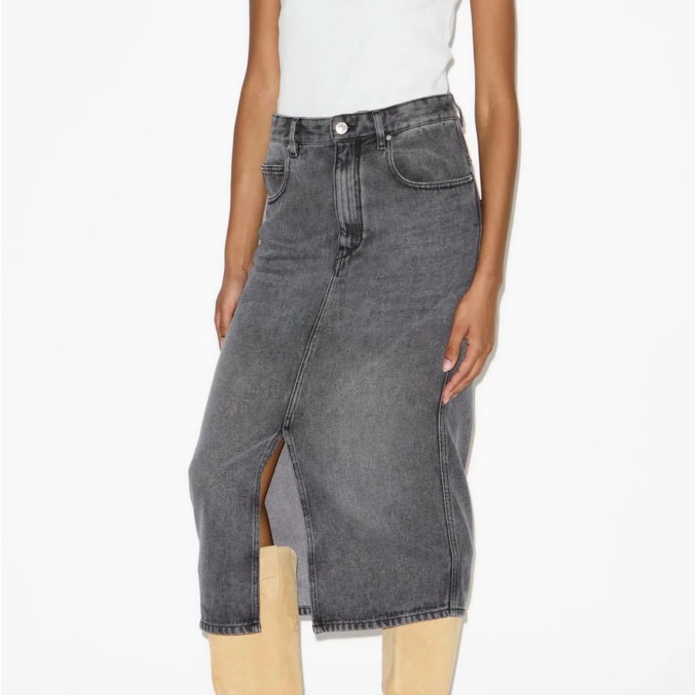 Isabel Maranr Gray Denim Midi Skirt with Front Slit